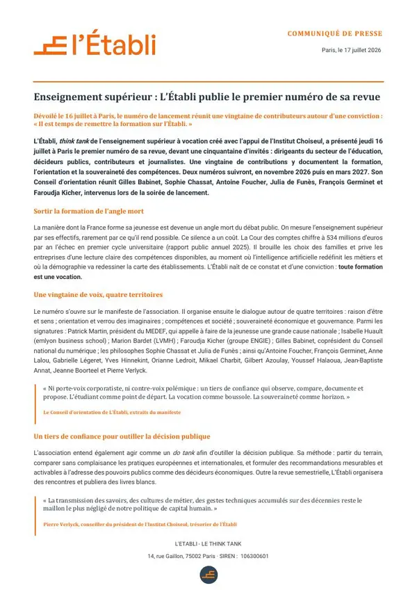 Première page du communiqué : L'Établi publie le premier numéro de sa revue